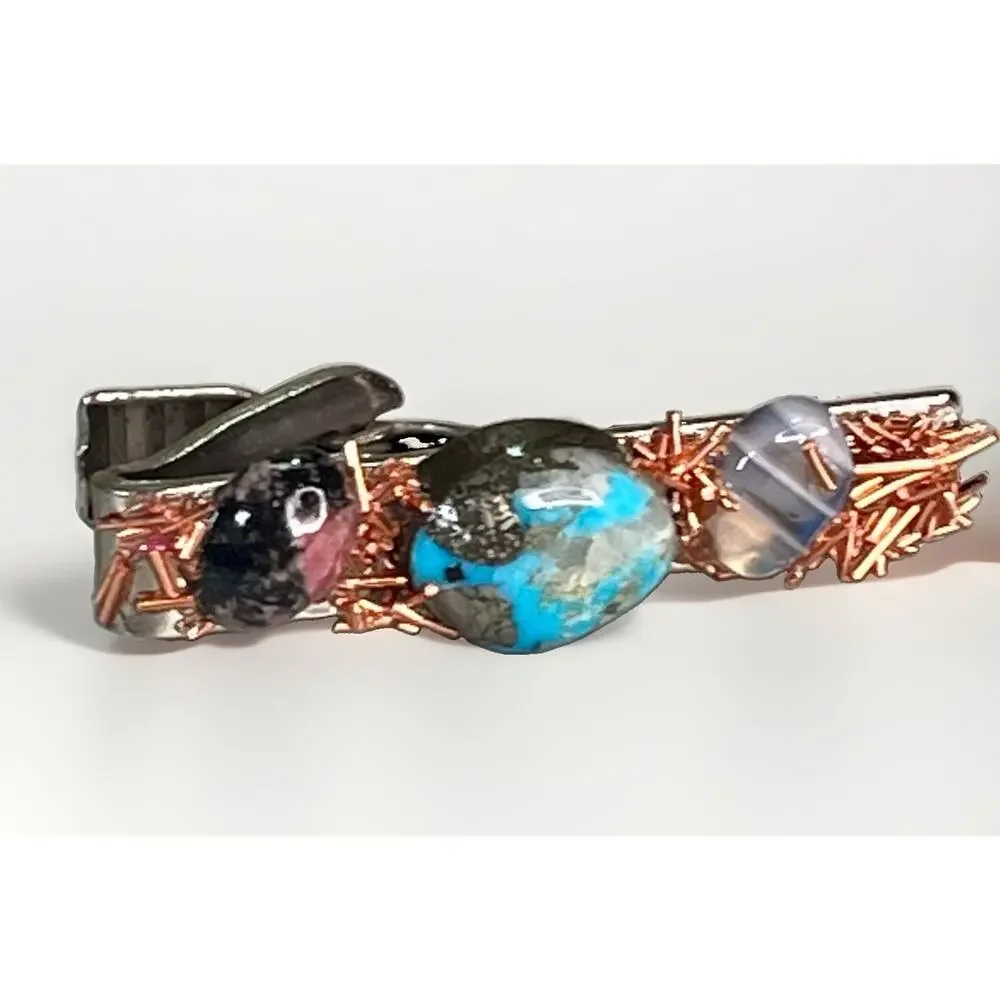 Vintage Silver Tone Turquoise Gemstone Copper Wire Southwestern Tie Clip